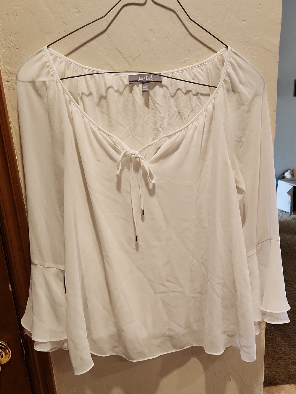 Marled Off-White Tie-Neck Peasant Blouse